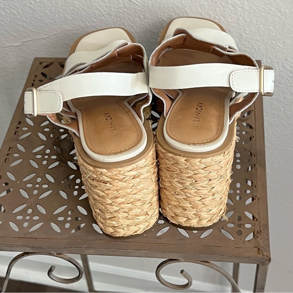 Lisa Vicky Platform Sandals Woven Strappy Block Heel White Espadrille NWOB - Picture 4 of 6